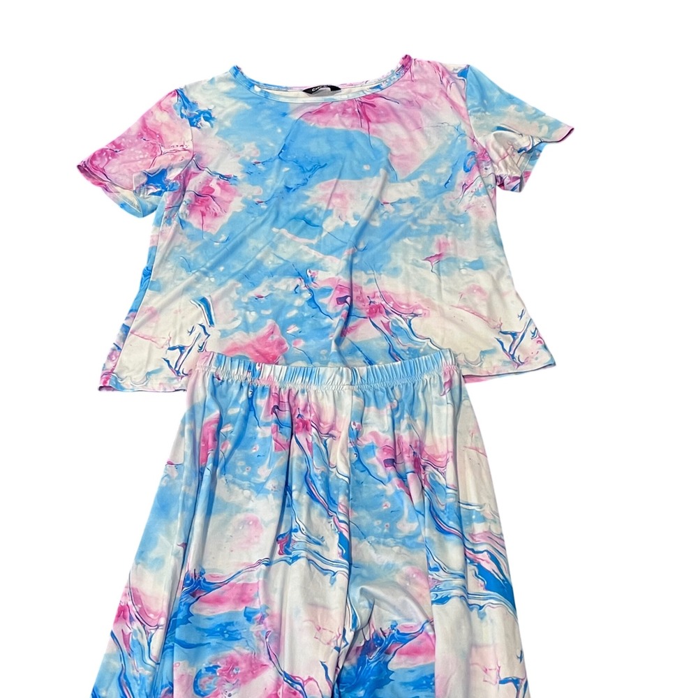 ChicMe Women Blue Pink Marble Tie Dye 2 Pajama Set Wide Leg Pants Medium